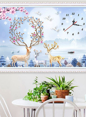 钟表钻石画满钻新款2024年贴钻十字绣客厅餐厅时钟珠绣麋鹿钻石绣