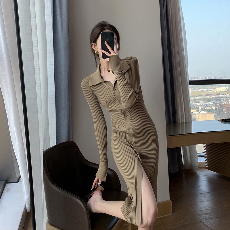 FT GUOGE针织连衣裙女2022年秋冬新款修身显瘦气质过膝内搭打底裙