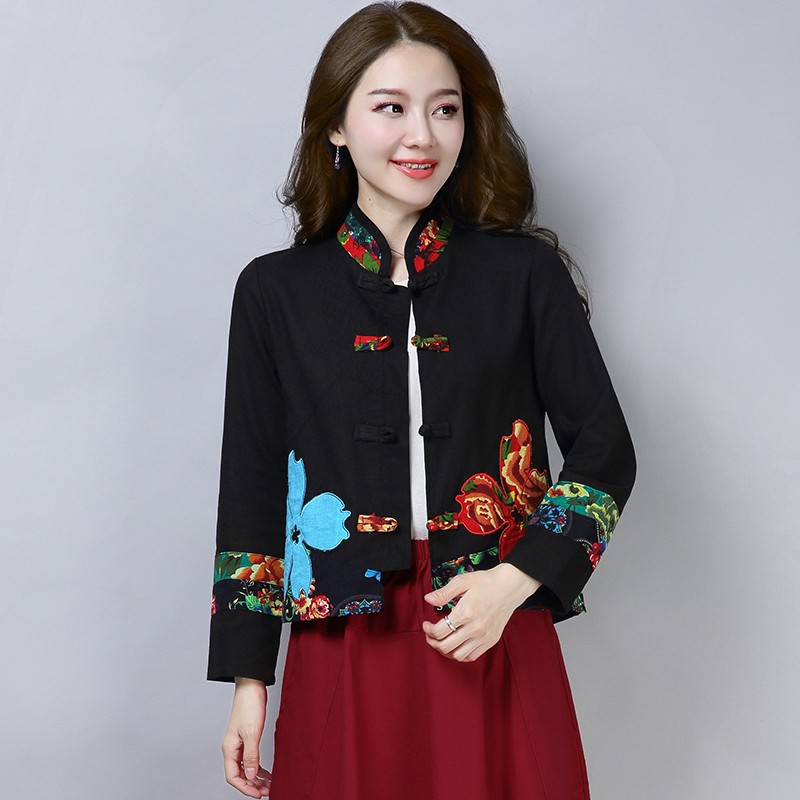 2019 autumn national style womens clothing paste cloth embroidery manual coil buckle cotton linen short coat womens large size thin coat