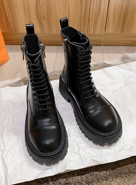 真皮马丁靴女2024秋季新款英伦风厚底增高短靴黑色帅气机车靴女潮