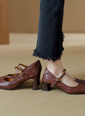 软羊皮黑色高跟鞋2025春秋新款法式复古粗跟一字带玛丽珍鞋女单鞋