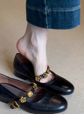 软羊皮复古红色玛丽珍鞋2025开春新款法式圆头通勤真皮单鞋女低跟