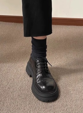 法式软羊皮厚底单鞋女加绒秋冬新款英伦风黑色小皮鞋女鞋子乐福鞋