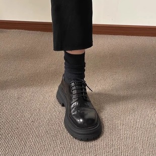 软羊皮厚底单鞋 子乐福鞋 女加绒秋冬新款 女鞋 英伦风黑色小皮鞋 法式