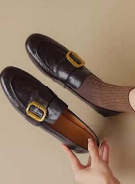 软羊皮复古乐福鞋女软底2025春秋新款法式平底单鞋黑色真皮小皮鞋