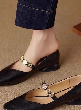 软羊皮方头金币玛丽珍鞋女2025新款法式复古黑色真皮气质百搭单鞋