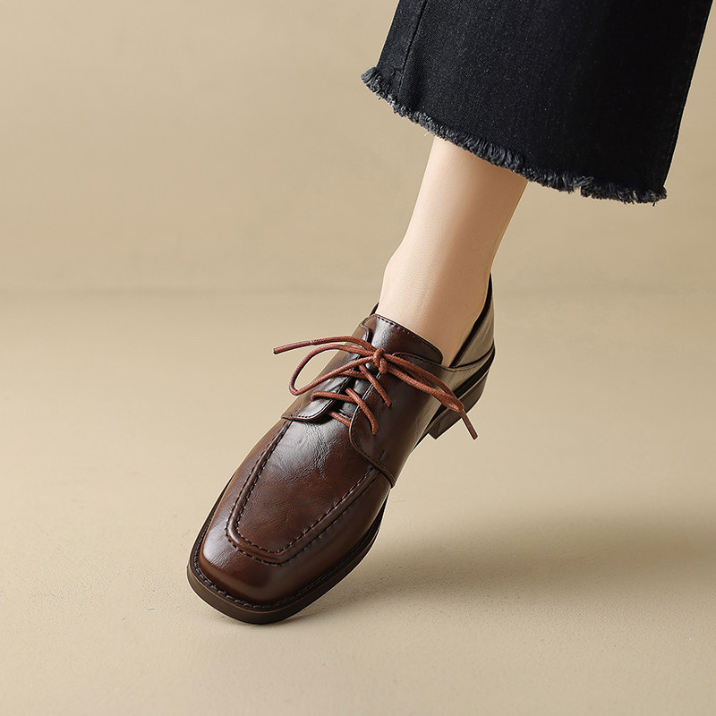 真皮系带小皮鞋女2025年秋季新款英伦风粗跟单鞋复古深口百搭单鞋,女鞋,深口单鞋,淘宝优惠券,粉丝福利购,淘宝优惠卷