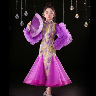 女童走秀潮服新中式国风诗歌朗诵主持人礼服女孩古筝钢琴演出服冬