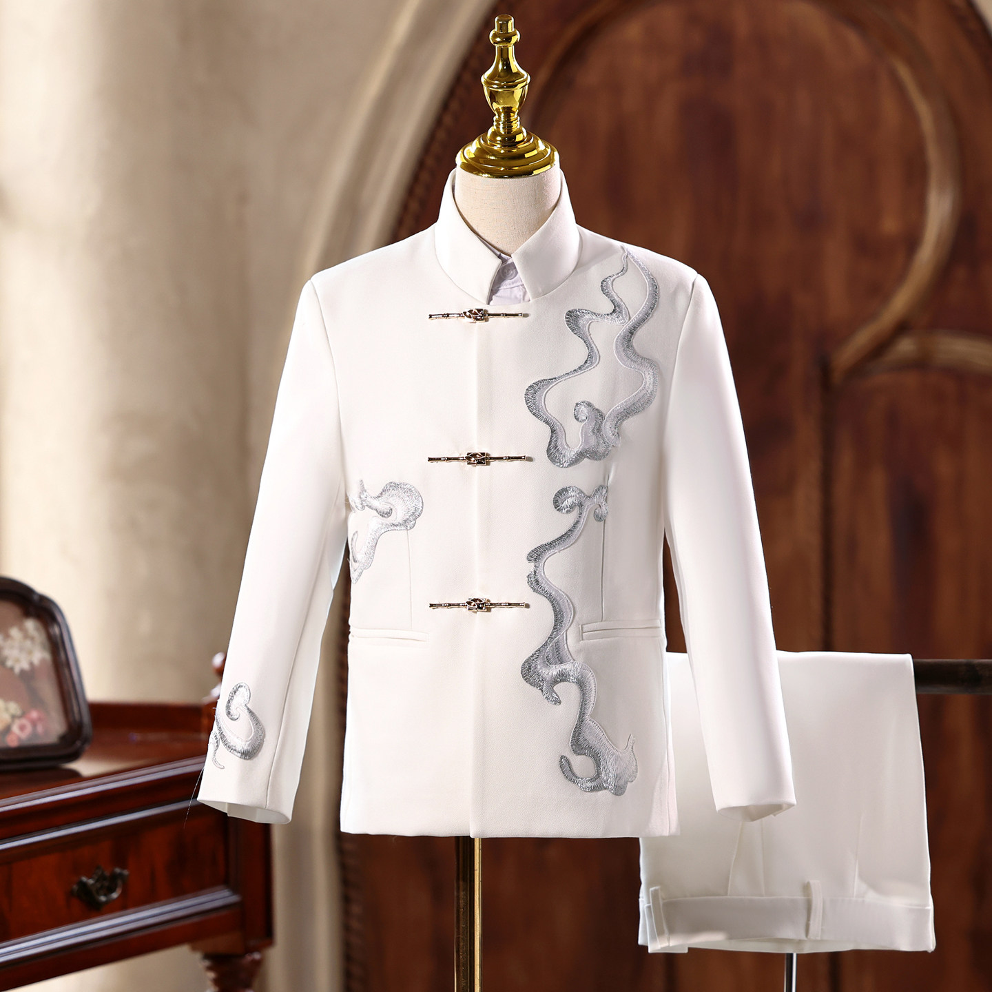 男童中式西装礼服高端白色朗诵小主持人中山装男童国风钢琴演出服