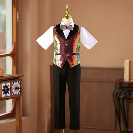 儿童炫彩亮片礼服短袖主持人朗诵走秀时尚潮服男童钢琴演出服夏季