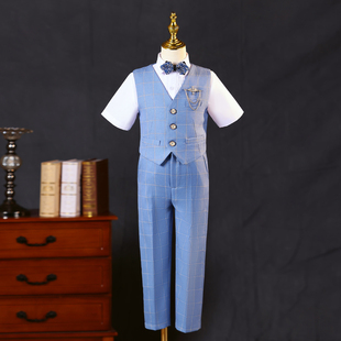 男童主持人礼服高端夏季短袖马甲裤子套装唱歌演讲钢琴演出服男孩