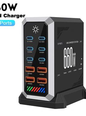 660W氮化镓GaN智能充电器PD140W大功率快充多口USB桌面超级快充桩插头手机平板电脑相机无人机通用英规香港