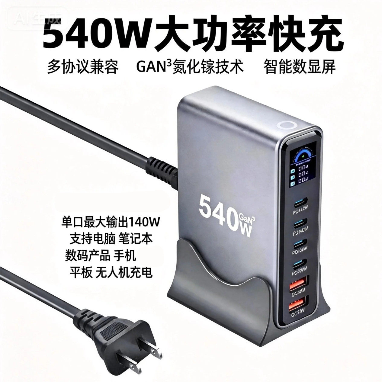 2026新款540W数显氮化镓充电器PD140W超级快充大功率多口USB桌面充电通用苹果华为小米手机电脑平板英规香港