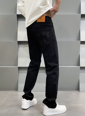 2026春季新款意大利高端黑色印花男士牛仔裤修身直筒弹力百搭长裤