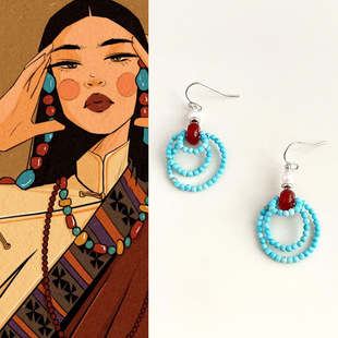 纳木错~原创手作红玛瑙耳环文艺复古民族风绿松石耳钩串珠耳饰品
