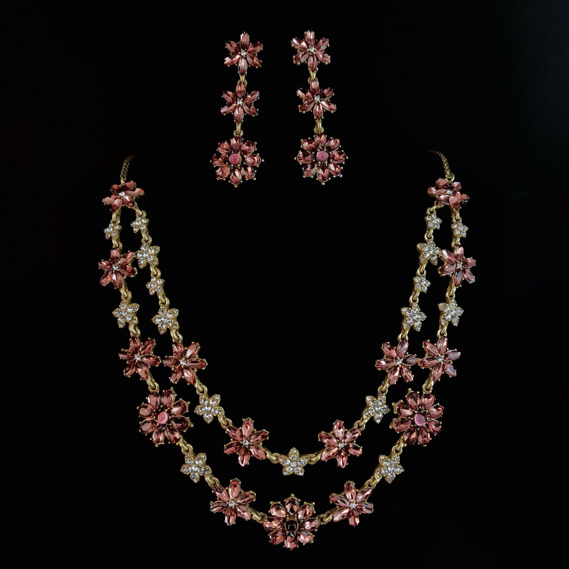 中古风vintage镶锆粉棕花朵耳坠双层项链镀真金轻奢女式首饰套装