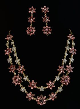 中古风vintage镶锆粉棕花朵耳坠双层项链镀真金轻奢女式首饰套装