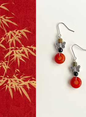 国风原创手作做旧蝴蝶耳环复古文艺玛瑙平安扣耳饰国潮民族风耳钩