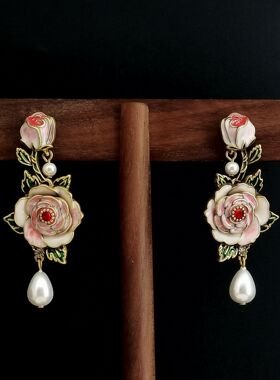 中古风vintage耳环渐变珐琅粉白牡丹珍珠耳坠镀真金国风女式耳钉