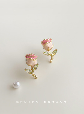 超甜~小清新925银针珐琅滴釉质感微镶锆石小巧玫瑰花耳钉耳饰