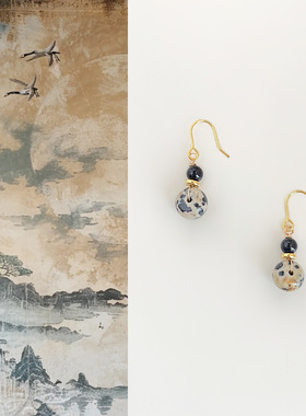 国风原创手作黑玛瑙新中式耳钩复古文艺耳环国潮民族风汉服耳饰品