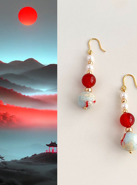 国风原创手作寿山石玛瑙耳环复古新中式文艺优雅国风耳钩气质耳饰