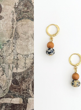 国风原创手作天然斑点石木质串珠耳环气质古风耳扣复古小众耳饰女