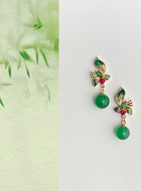 国潮原创手作天然绿玛瑙蝴蝶耳环新中式国风耳钉旗袍配饰古风耳饰