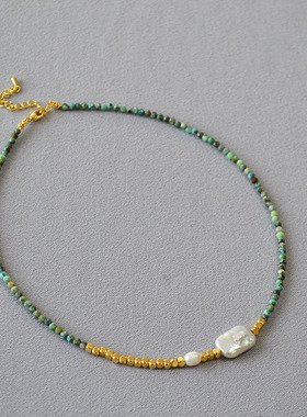 法式小众复古文艺浪漫绿松石不规则几何长方巴洛克珍珠串珠项链女