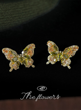 实物巨闪！~满镶锆石森系甜美夏日款爆款925银针蝴蝶耳钉工厂耳饰