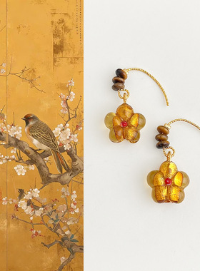 国风手作新中式天然虎眼石琉璃花朵串珠耳环文艺复古美拉德风耳饰