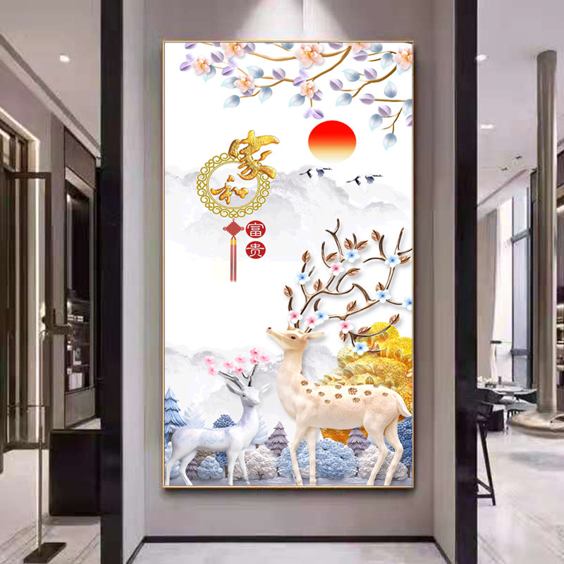 2023年钻石画满钻新款玄关麋鹿5D贴钻十字绣客厅北欧简约现代竖版