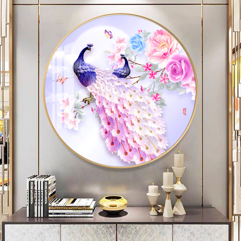 圆形钻石画2023年新款满钻玄关孔雀客厅水晶十字绣2022花开富贵5D