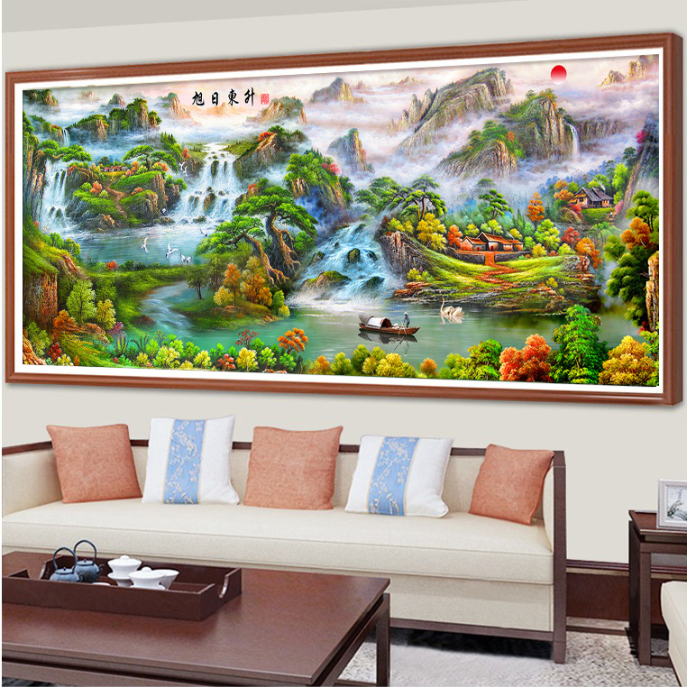 2020旭日东升钻石画满钻新款十字绣客厅山水画风景砖石秀流水生财