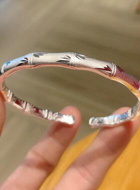 9999足银手镯女竹报平安时尚年轻款节节高竹节纯银开口镯子送礼物