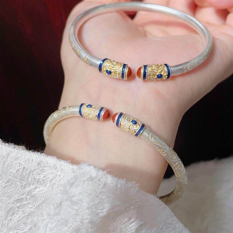 足银9999福字吉言银手镯女纯银实心描金雕刻纯银镯子国风女友礼物