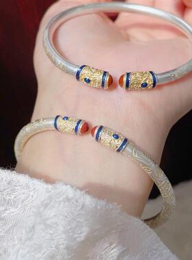 足银9999福字吉言银手镯女纯银实心描金雕刻纯银镯子国风女友礼物