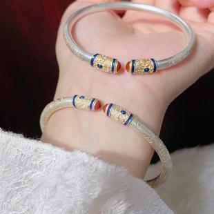 足银9999福字吉言银手镯女纯银实心描金雕刻纯银镯子国风女友礼物