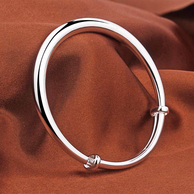 银手镯女9999纯银光面推拉可调节简约实心刻字送女友妈妈银饰礼物