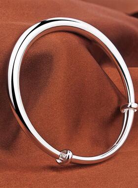 足银手镯女9999纯银光面推拉调节简约实心刻字送女友妈妈银饰礼物