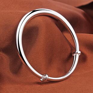 银手镯女9999纯银光面推拉可调节简约实心刻字送女友妈妈银饰礼物