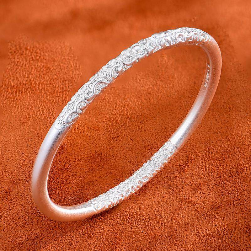 经典卷草纹9999足银手镯女年轻款实心闭口纯银手环古法送女友礼物
