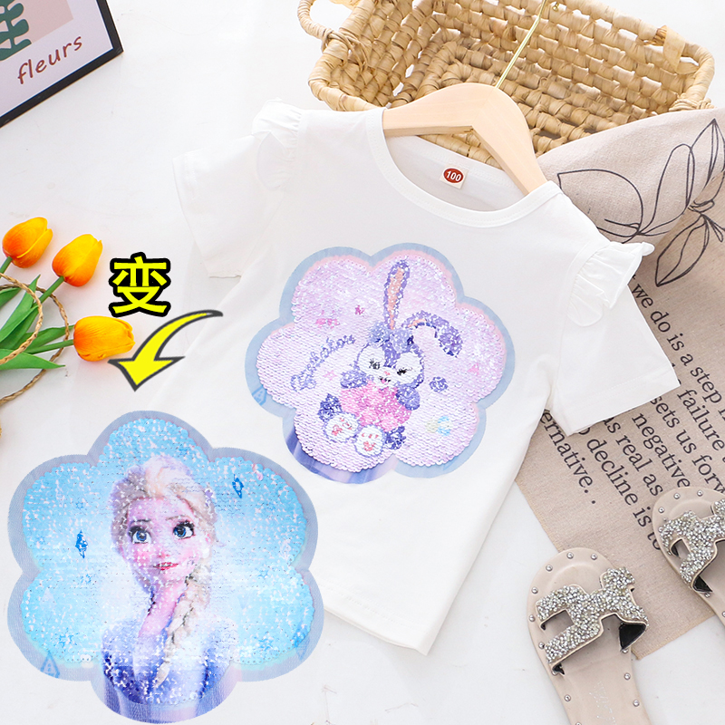 儿童亮片星黛兔可变图案衣服短袖双面翻转变色闪光亮鳞片t恤女童