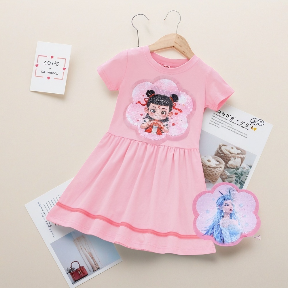 女童变色亮片连衣裙哪吒25夏款儿童敖润亮片可变图案衣服短袖裙子