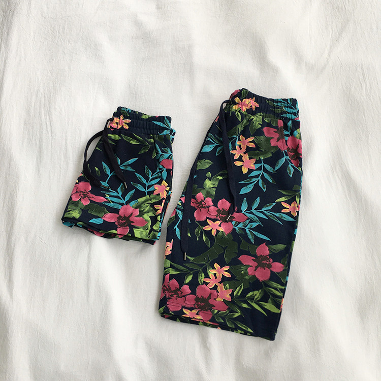 柠波家。复古花朵树叶印花男女情侣短裤棉毛圈运动休闲沙滩热裤夏