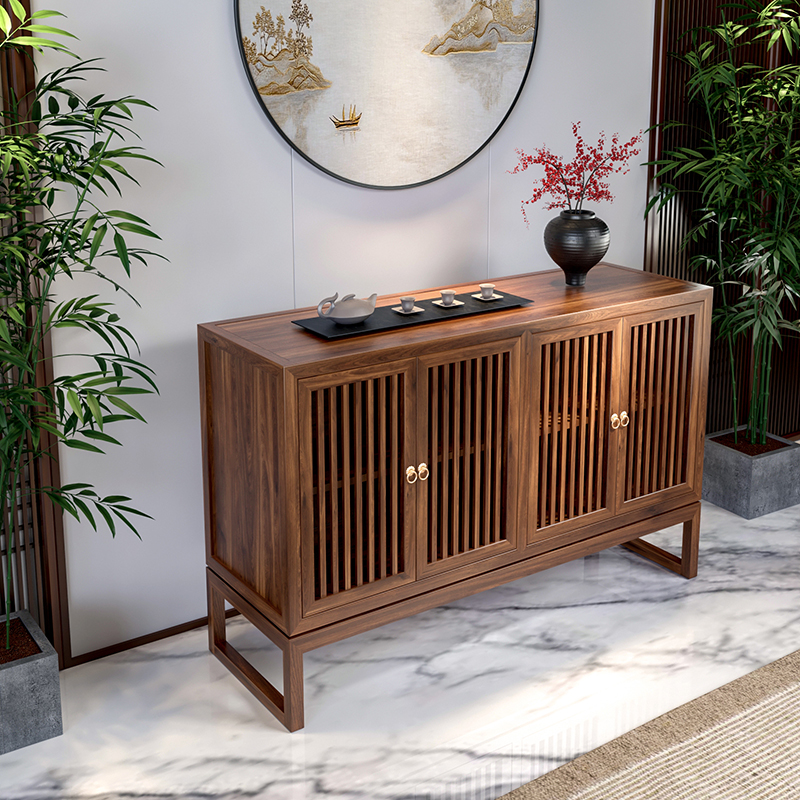 新中式实木餐边柜墙边柜黑胡桃木色玄关柜靠墙柜斗柜实木收纳柜台