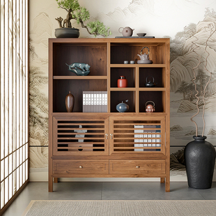 新中式餐边柜实木茶室家具客厅餐厅柜储物隔断柜玄关柜胡桃桌边柜
