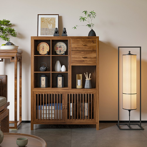 献唐新中式实木黑胡桃色茶柜