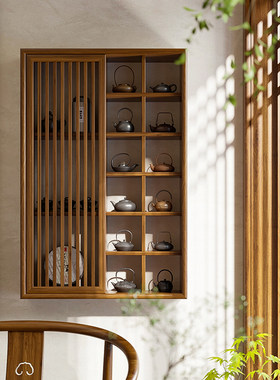 新中式实木壁挂茶具展示架