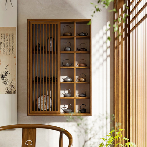 新中式实木壁挂茶具展示架